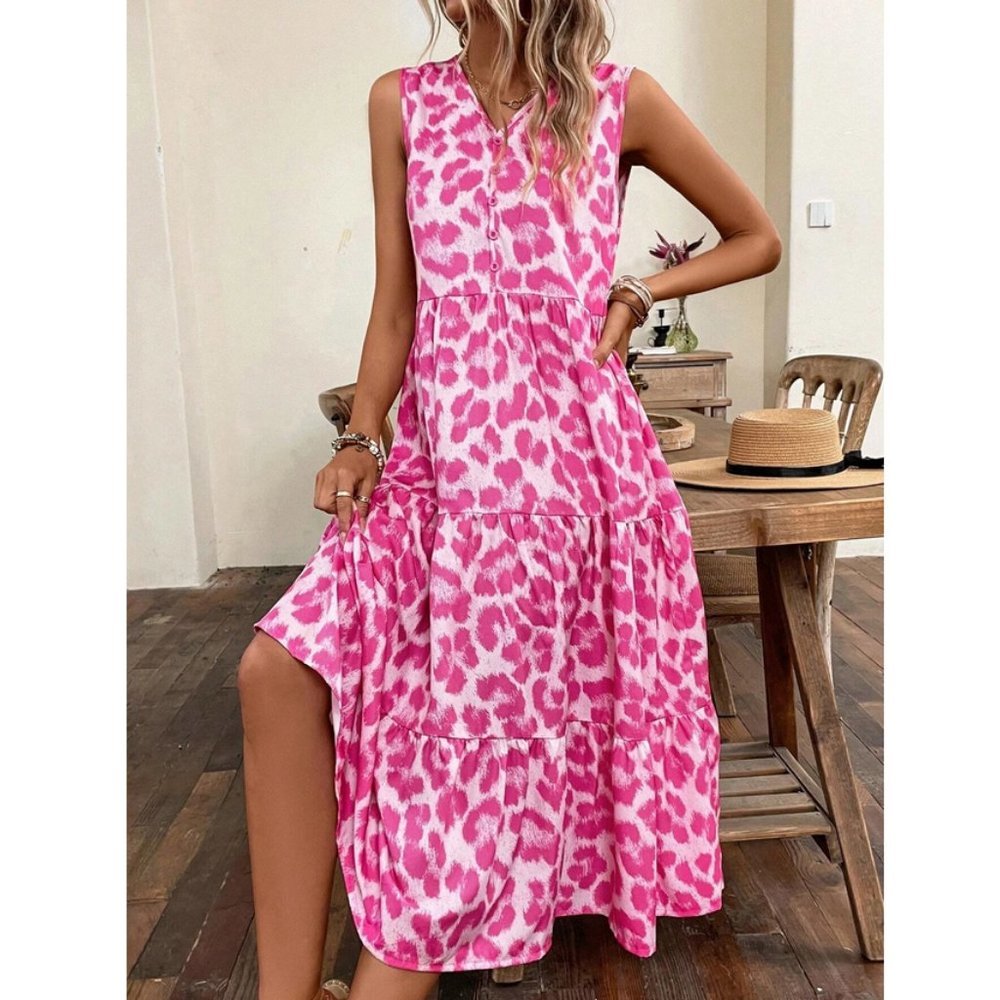 Pink Boho Womens Leopard Print Ruffle Hem Smock Dress - Picture 2 of 7